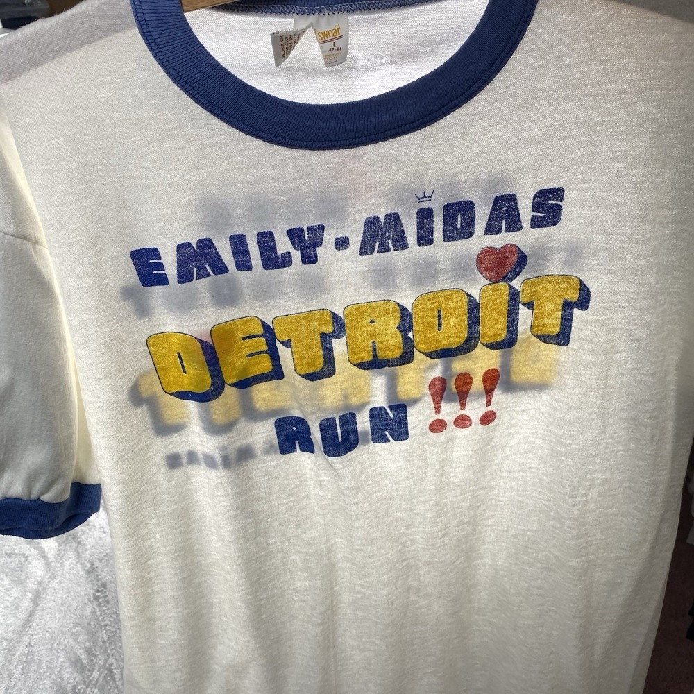 Vintage 80s Emily Midas Detroit Run Shirt Size L White Single Stitch Thin Ringer